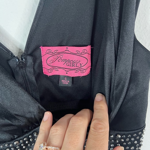 Pompous Girly Black Satin Ruched Bodycon Mini Dress Sz Small Embellished Waist - Picture 6 of 10